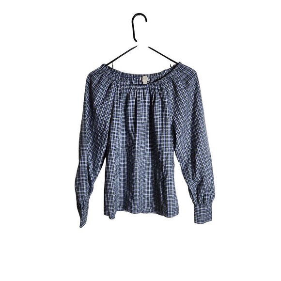 Loft Womens Off-Shoulder Plaid Blouse XS Polyester Rayon Blue/Green - Picture 1 of 4